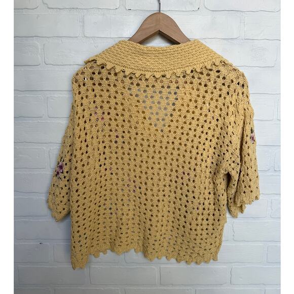 MNG Women's Yellow Crochet Crop Style Floral Embroidered Top Vneck Collar sz S - Picture 3 of 6